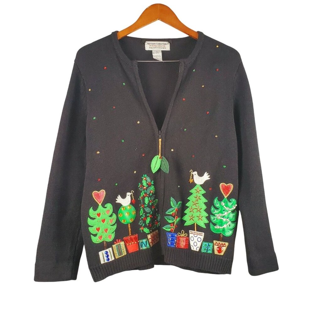 Heirloom Collectibles Christmas Collection Beaded Zip Sweater Sz M Detach Collar - Picture 3 of 9